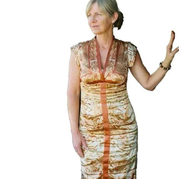 Nicole Miller Bodycon Ruched Dress Silk Baroque Vintage 90's Greek Goddess SZ 0 - Picture 2 of 16